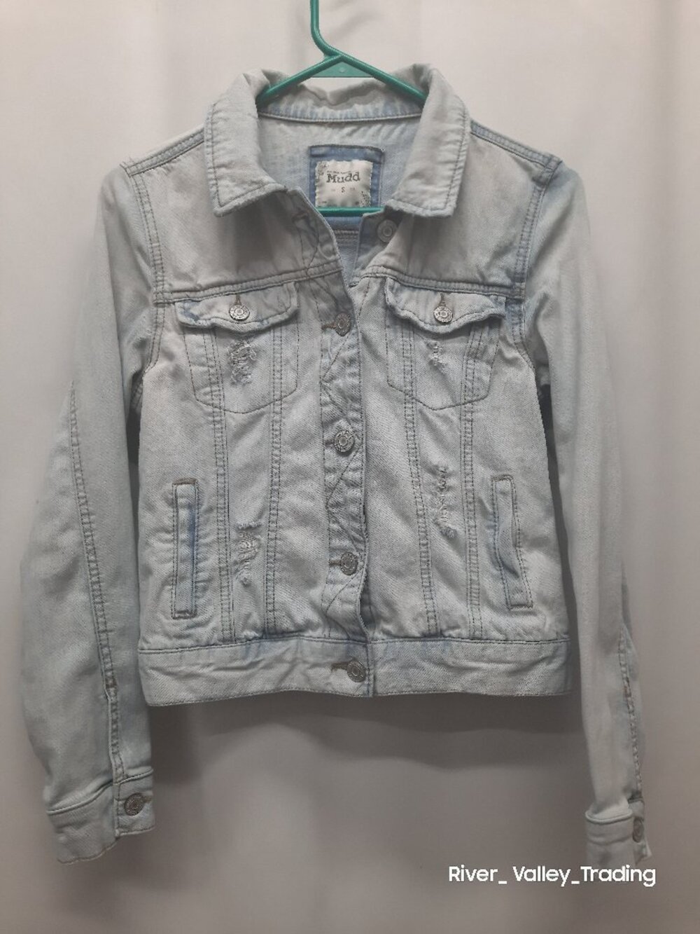Mudd Womens Denim Jacket Size S Light Wash Distressed Jean Jacket Stretch Denim